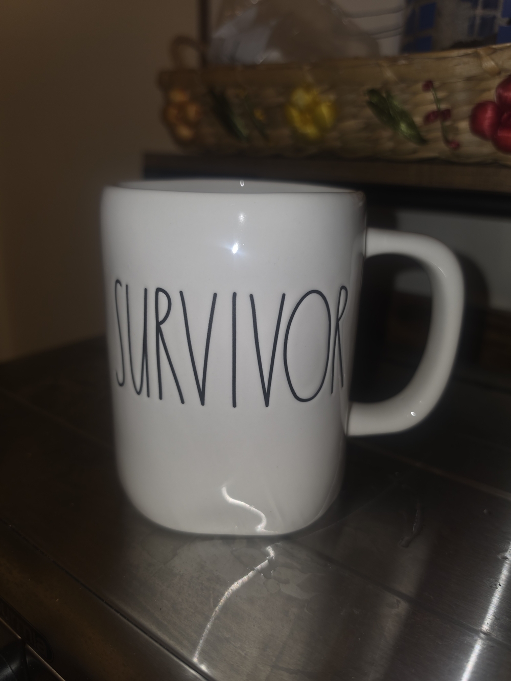 Rae Dunn White Mug with "SURVIVOR" Black Lettering